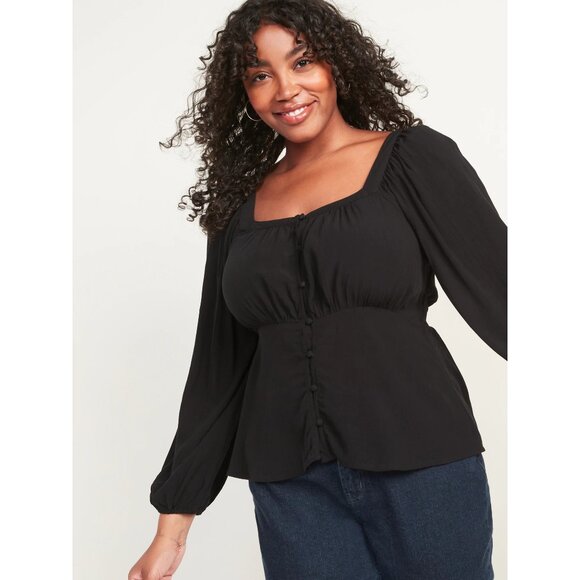 Old Navy Womens Plus 3X Black Peasant Blouse Button Up Square Neck Shirt Top - Picture 1 of 9